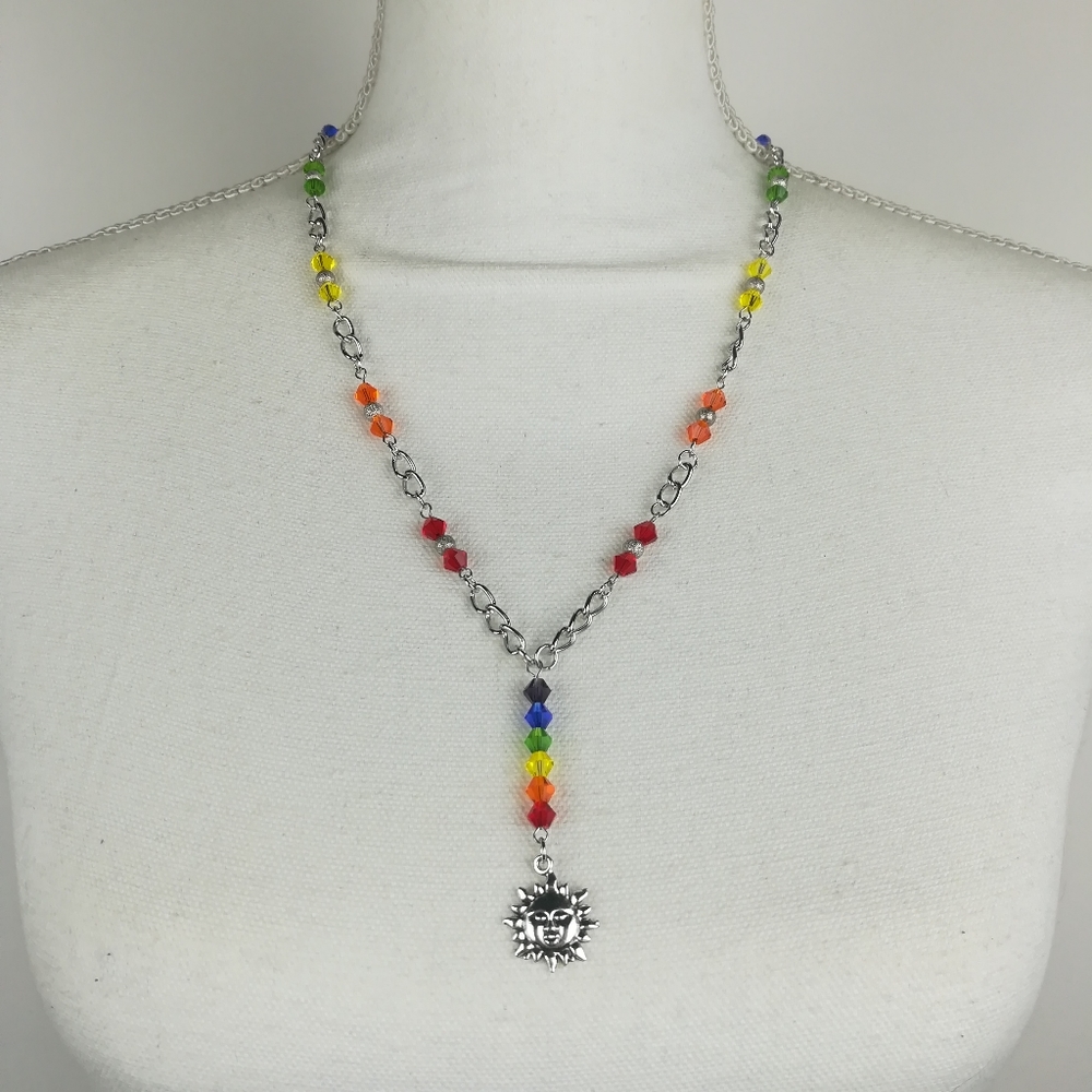 Colorful Sun solar theme necklace multi color faceted glass beads unique